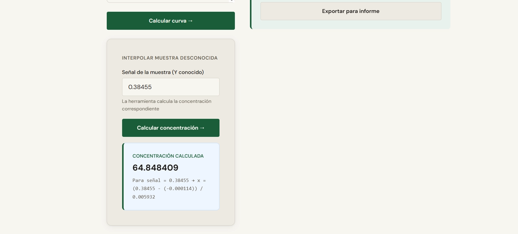 Sección de interpolación con la señal de una muestra desconocida ingresada y la concentración calculada como resultado