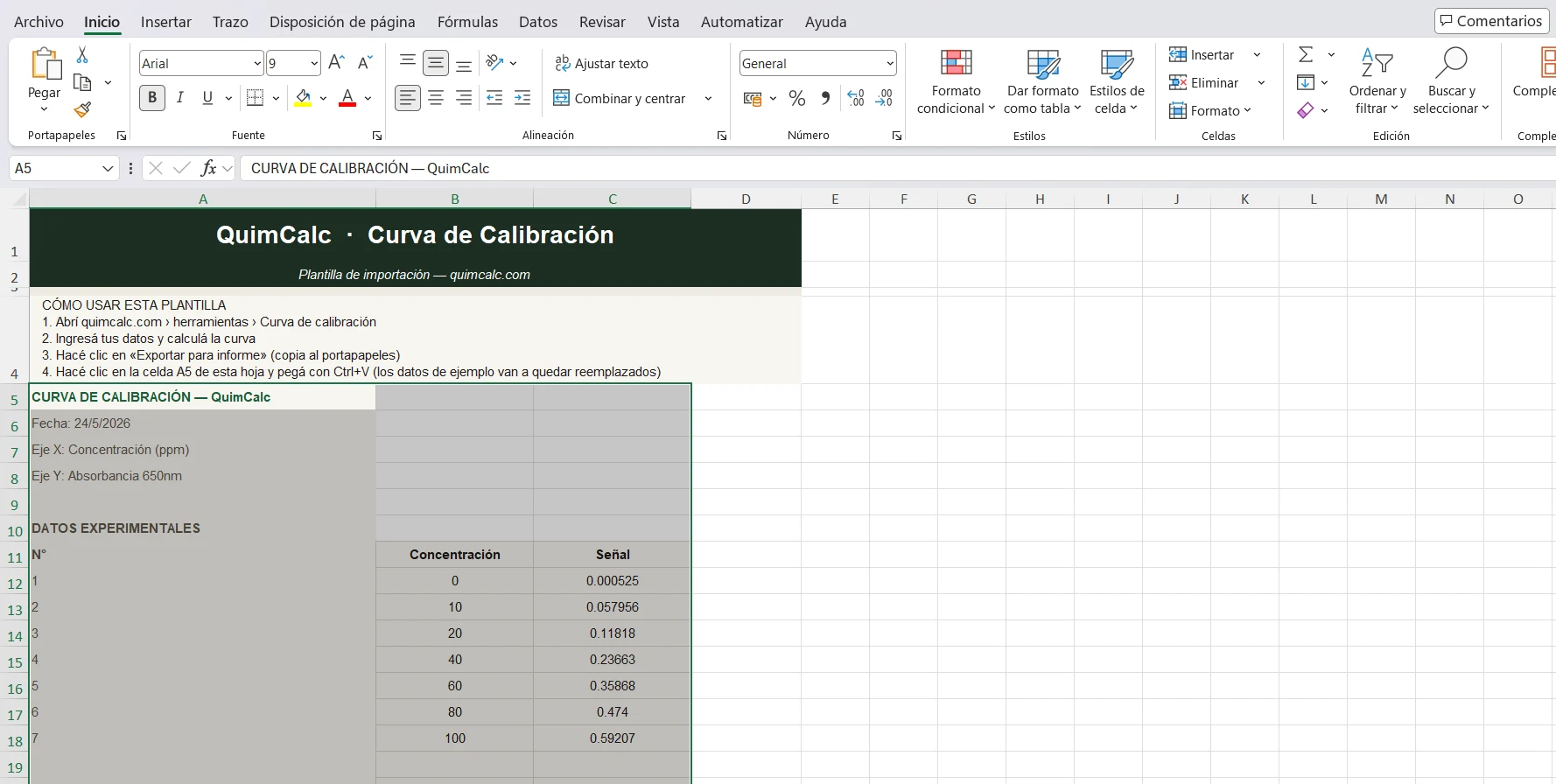 Hoja PEGAR DATOS del Excel de QuimCalc con los datos de calibración pegados desde el portapapeles