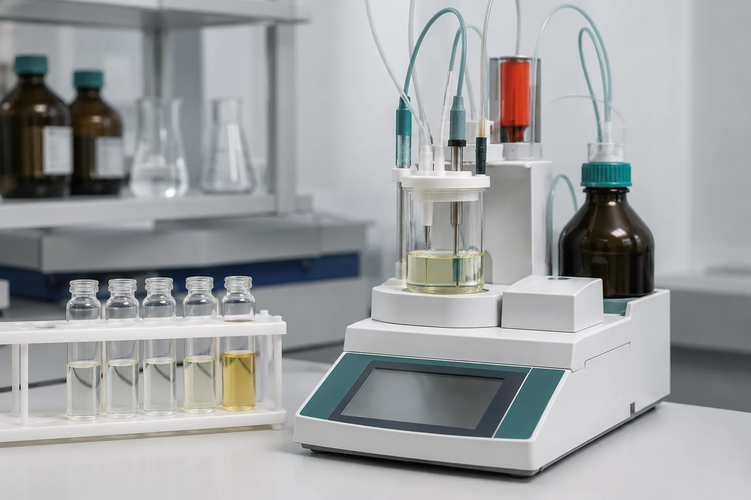 Titulador automático Karl Fischer en un laboratorio químico con viales de muestra y reactivos.
