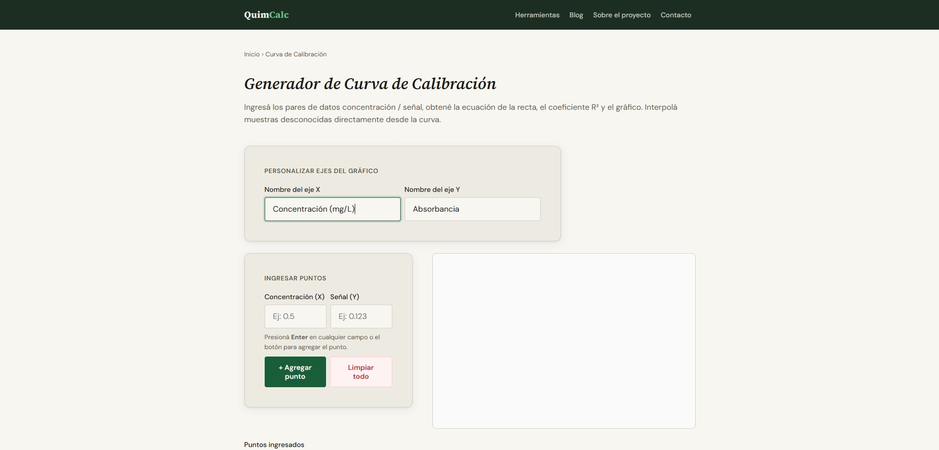 Vista general de la calculadora de curva de calibración en QuimCalc con los campos de entrada vacíos
