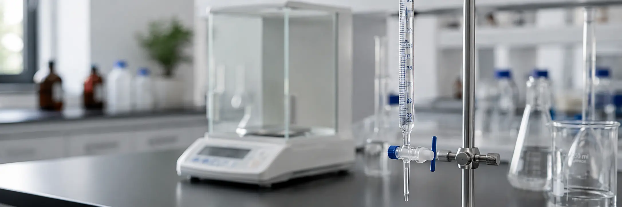Bureta de vidrio graduada y balanza analítica en un laboratorio químico con iluminación suave.