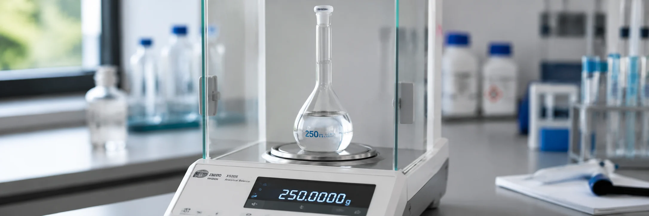 Matraz aforado sobre el platillo de una balanza analítica durante un ensayo de calibración gravimétrica.