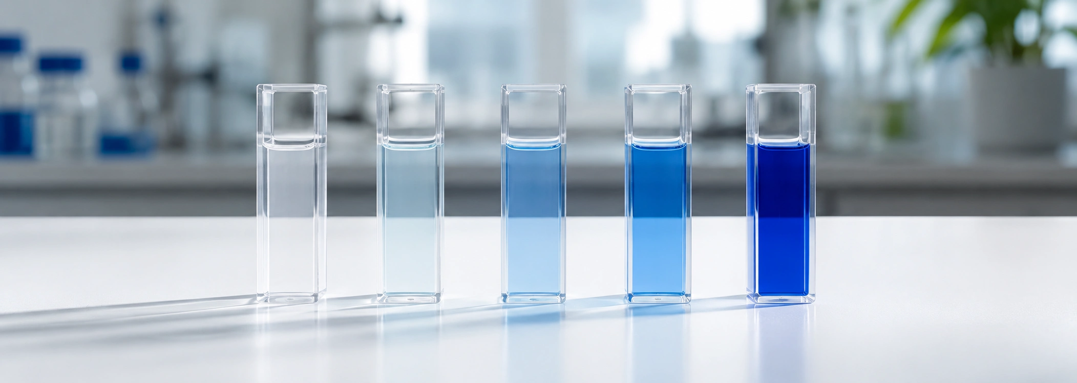 Fila de cinco cubetas de vidrio con soluciones en degradado desde transparente hasta azul intenso sobre una mesa de laboratorio blanca con iluminación suave.
