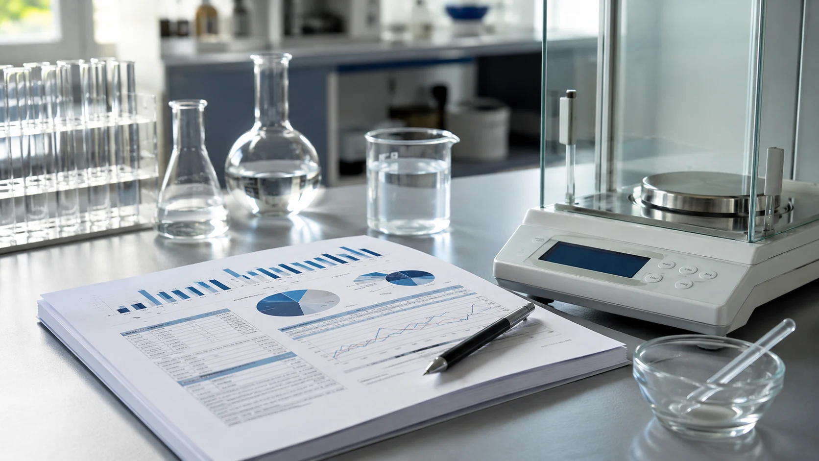Informe técnico de validación metrológica impreso sobre una mesada de laboratorio limpia junto a material de vidrio.