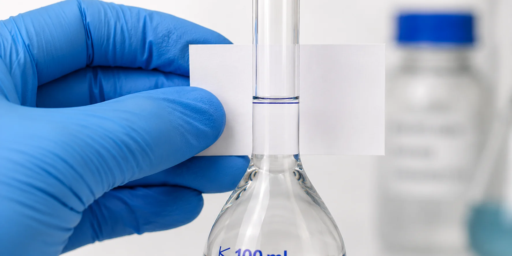 Primer plano de un analista de laboratorio enrasando con precisión un matraz aforado de vidrio.