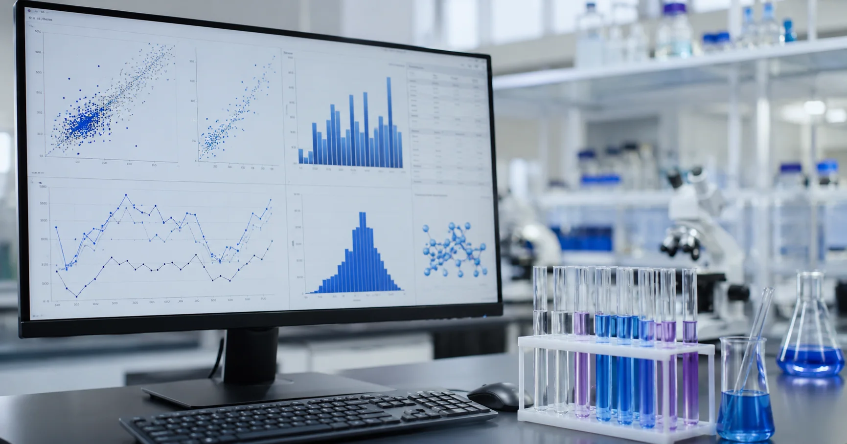 Gráfico estadístico en pantalla de laboratorio junto a tubos de ensayo.