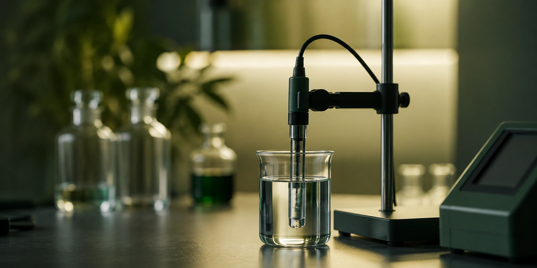 Medidor de pH en solución buffer de laboratorio para análisis químico