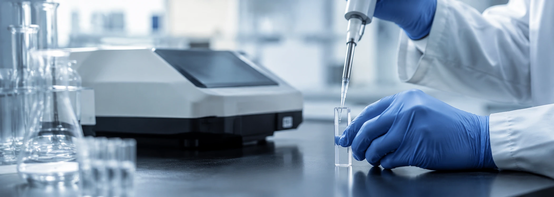 Analista utilizando una pipeta para transferir una solución transparente a una cubeta de vidrio frente a un espectrofotómetro desenfocado en un laboratorio moderno